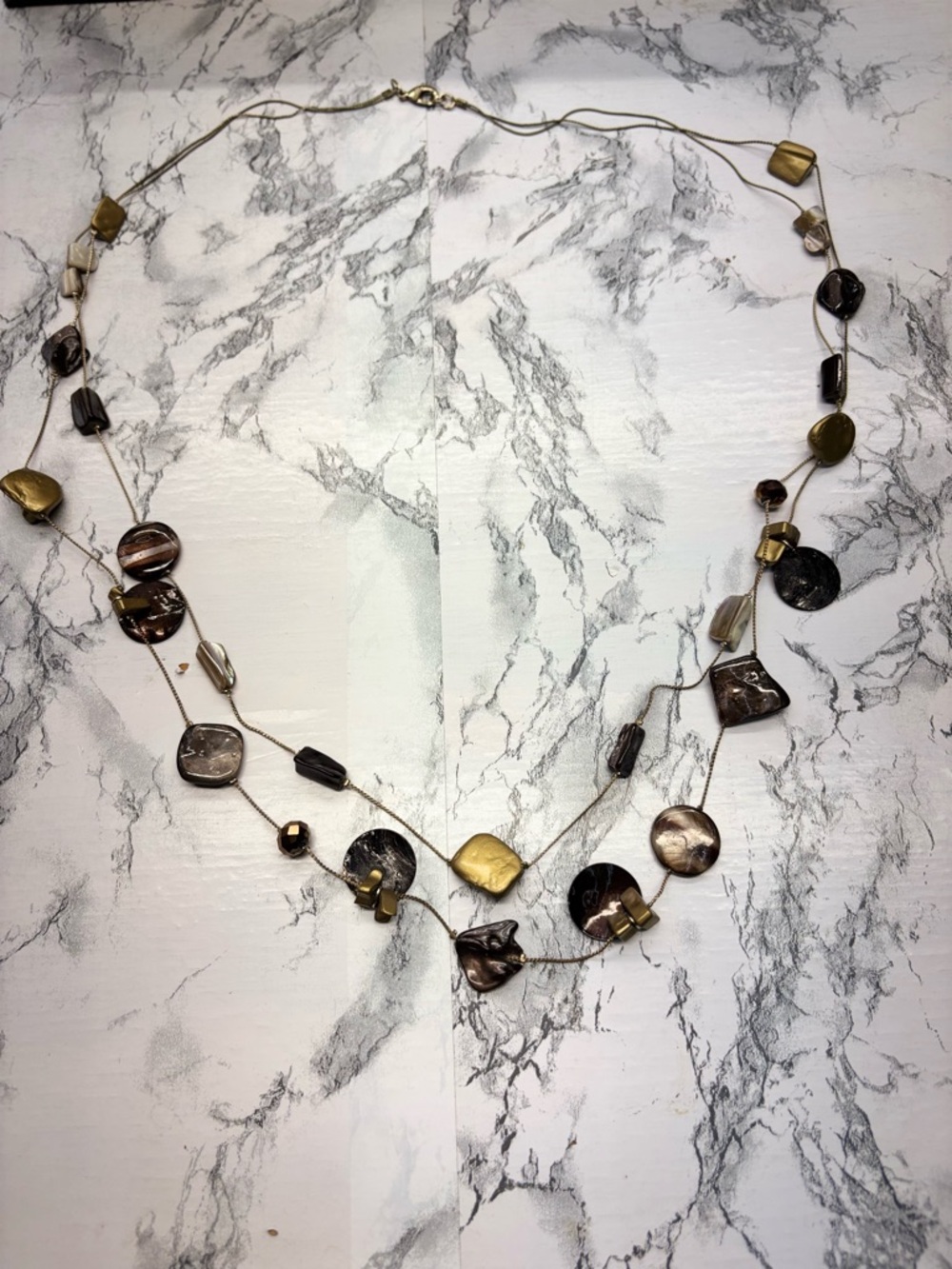 Bohemian Multi-Shape Metallic Bead Layered Necklace - Brown & Gold Extra long